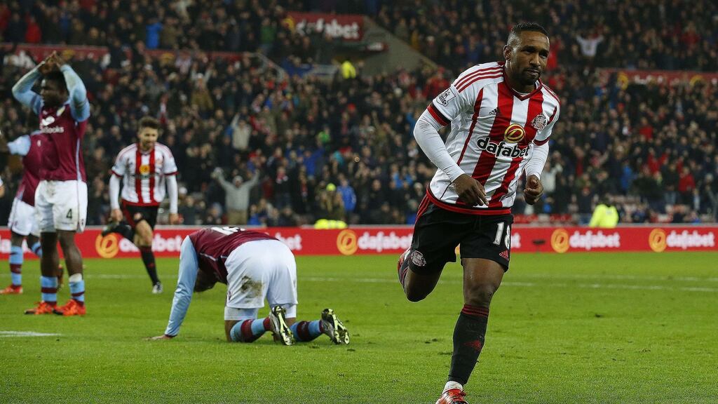 Sunderland’s Jermain Defoe celebrates after putting his side 2-1 up against Aston Villa in their Premier League clash. Photo: Lindsey Parnaby/Getty Images