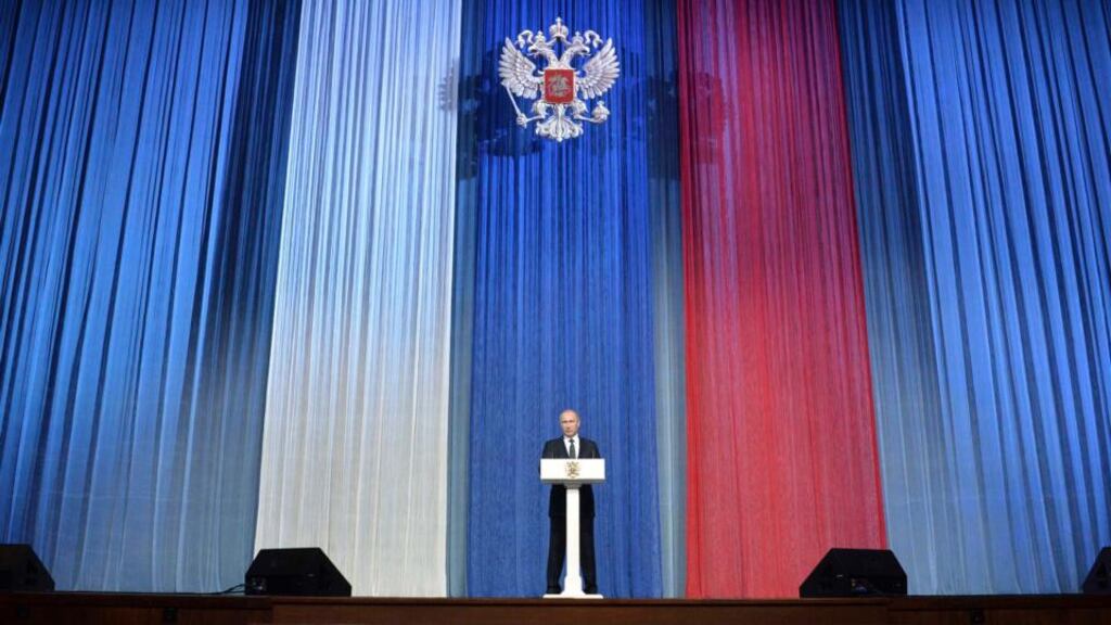 Russian President Vladimir Putin speaks at a concert honouring past and present security service staff at the State Kremlin Palace in Moscow, December 20th, 2014. Photograph: Reuters/Alexei Druzhinin/RIA Novosti/Kremlin