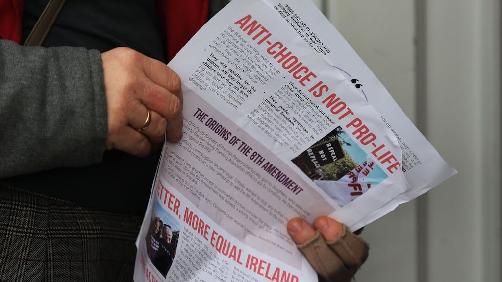The literature being handed out by pro-repeal campaigners while canvassing in Dublin on Saturday. Photograph: Nick Bradshaw.