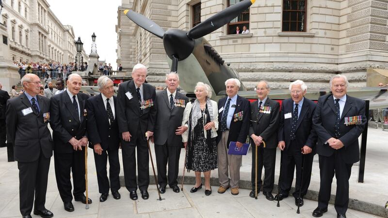 Battle of Britain veterans with Dame Vera Lynn (C) outside the Churchill War Rooms, in London in 2010. Photograph: Facundo Arrizabalaga/EPA