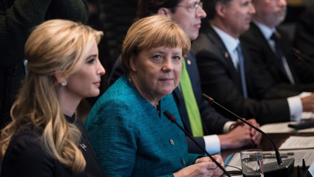 Ivanka Trump and Germany’s chancellor Angela Merkel wait for a meeting with US president Donald Trump and business leaders at the White House on March 17th. Photograph: Brendan Smialowski/AFP/Getty Images