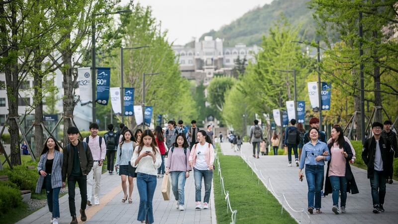 Students walk inside Yonsei University in Seoul, South Korea. South Koreans, especially younger ones, have become far less interested in reconciliation, to say nothing of reunification. Photograph: Jean Chung/The New York Times