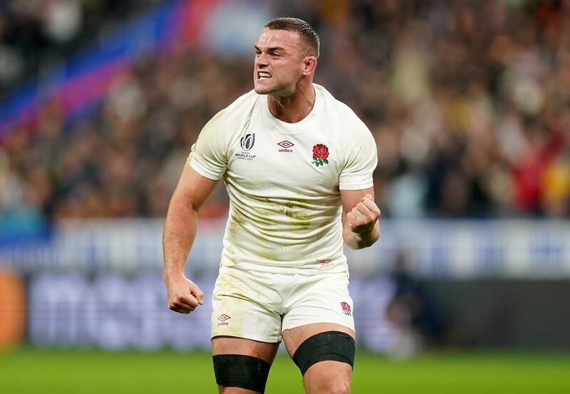 England’s Ben Earl celebrates during the Rugby World Cup 2023 bronze final match against Argentina at the Stade de France in Saint-Denis, France. Photograph: Mike Egerton/PA Wire.
