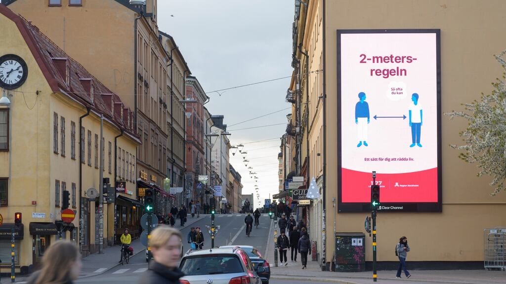 A billboard  about the importance of social distancing to prevent the spread of the coronavirus  on a facade in Stockholm, Sweden, on  April 29th. Photograph: Fredrik Sandberg/TT News Agency via Reuters