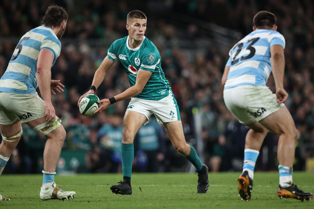 Sam Prendergast in action during his Ireland debut against Argentina at the Aviva Stadium. Photograph: Ben Brady/Inpho