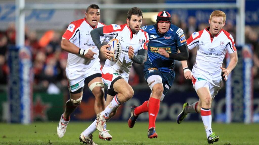Ulster’s Jared Payne, who returns from his ERC two-game suspension against Leinster tonight, makes a break against the Scarlets in an earlier Pro12 game.