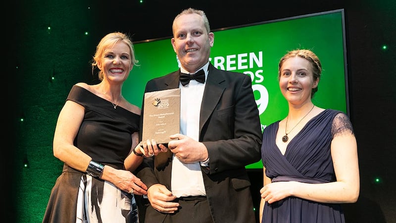 Barry Murphy, Commercial Director, Naturgy presents The Green Manufacturer Award to Lisa Harlow and Cathy Cronin, Intel Ireland.