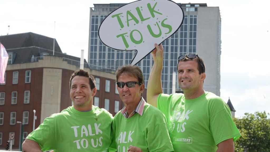 Isaac Boss, Dickie Rock and Shane Jennings on Dublin’s Rosie Hackett Bridge at the launch of the Samaritans’ Talk to Us awareness campaign yesterday. Photograph: Cyril Byrne