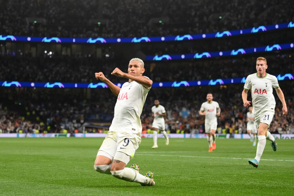 Richarlison of Tottenham Hotspur celebrates after scoring their first goal during the Champions League match against  Olympique Marseille at Tottenham Hotspur Stadium. Photograph: Mike Hewitt/Getty Images