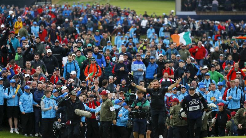 Shane Lowry of Ireland celebrates on the 18th green during the final round Open Championship on the Dunluce Links at Royal Portrush. Photograph: Kevin C Cox/Getty