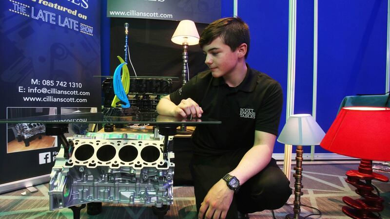 Cillian Scott (15),  from Coláiste Chill Mhantáin in Wicklow, won the top award in the Intermediate Category at the  Student Enterprise National Finals in Croke Park for his furniture made from recycled engine parts.  Photograph: Leon Farrell/Photocall Ireland