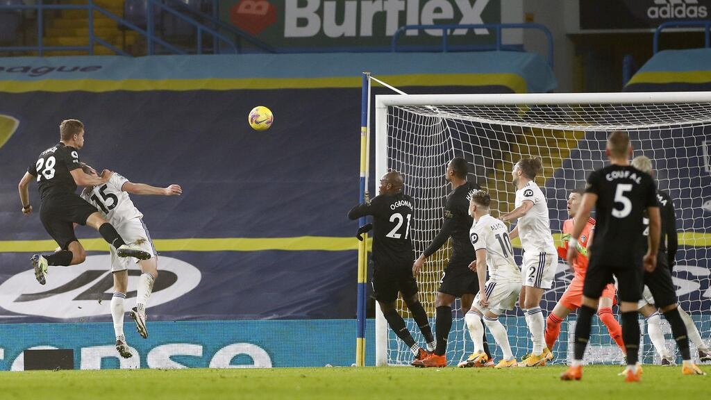 West Ham’s Tomas Soucek heads home a goal during the Premier League game against Leeds United at Elland Road. Photograph: Jason Cairnduff/EPA
