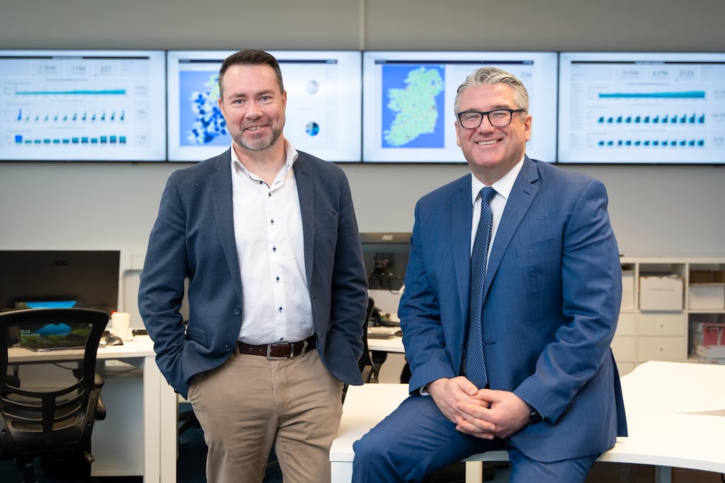 Pictured at the head office of electric vehicle charger network EasyGo’s Co Kildare base is CEO Chris Kelly, left, with AIB’s head of SME banking, John Brennan
