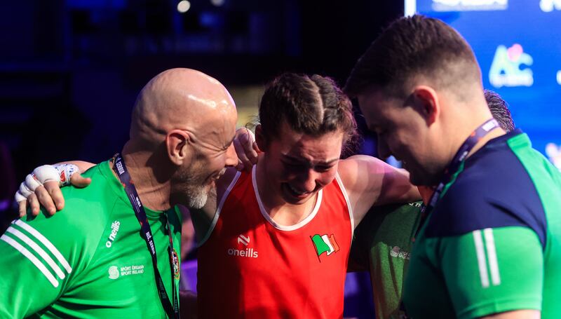 Ireland’s Lisa O’Rourke celebrates with her coach Damian Kennedy. Photograph: Aleksandar Djorovic/Inpho