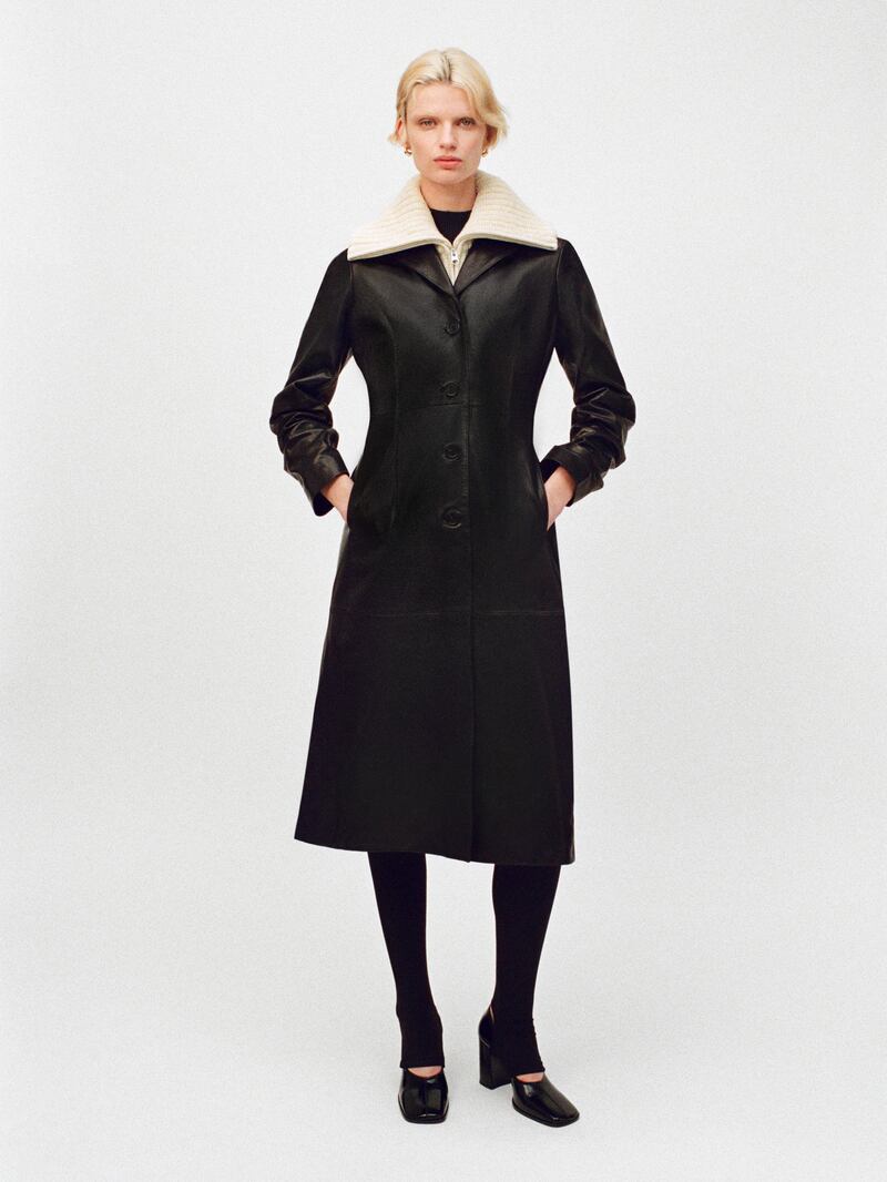 Leather dress, €449, open heel tights, €49, block heel pumps, €229