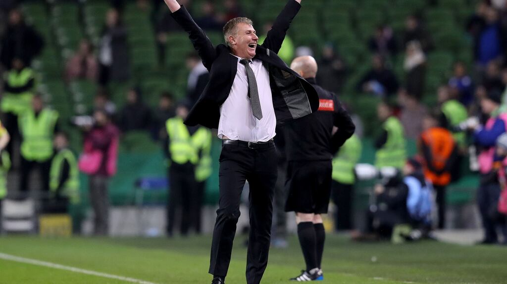 Dundalk manager Stephen Kenny celebrates the FAI Cup Final win over Cork City. Photograph: Ryan Byrne/Inpho
