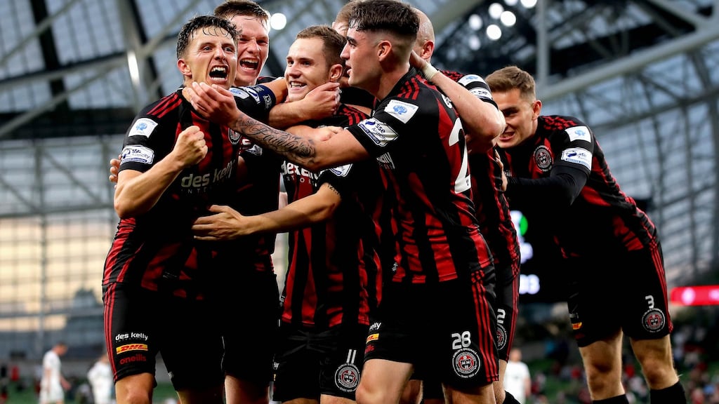 Bohemians’ Liam Burt (centre) is congratulated by his team-mates after scoring a goal in the Uefa Europa Conference League first qualifying round, second leg against Stjarnan at the Aviva stadium. Photograph: Ryan Byrne/Inpho