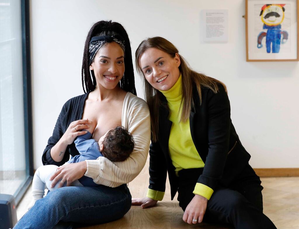 Ana Riascos and her baby Max with HSE national breastfeeding co-ordinator Laura McHugh, ahead of National Breastfeeding Week 2024. Photograph: Mark Stedman