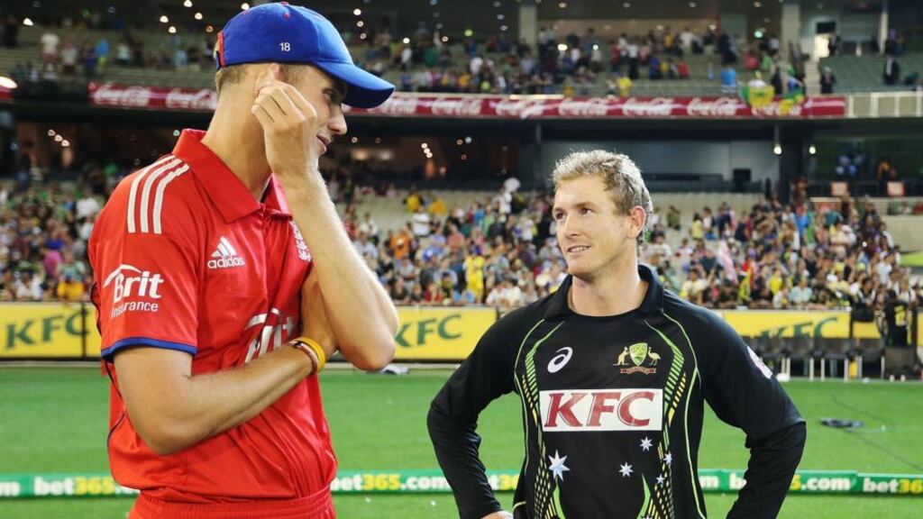 George Bailey (right) of Australia and Stuart Broad talk after Australia won game two of the International Twenty20 series at the Melbourne Cricket Ground. Photograph: Michael Dodge/Getty Images