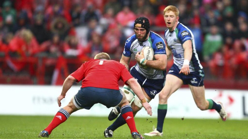 Connacht’s John Muldoon in action against Munster at Thomond Park. The flanker believes Connacht are the most confident they have ever been going into a quarter-final. Photograph: Ken Sutton/Inpho