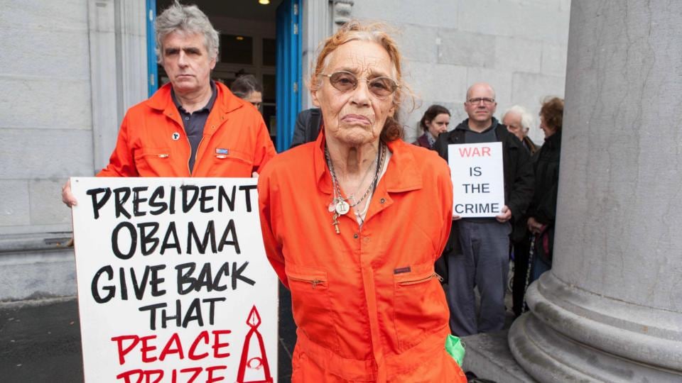 Struggle for peaceful means: Niall Farrell and Margaretta D’Arcy at Ennis District Court in September 2013. Photograph: Eamon Ward