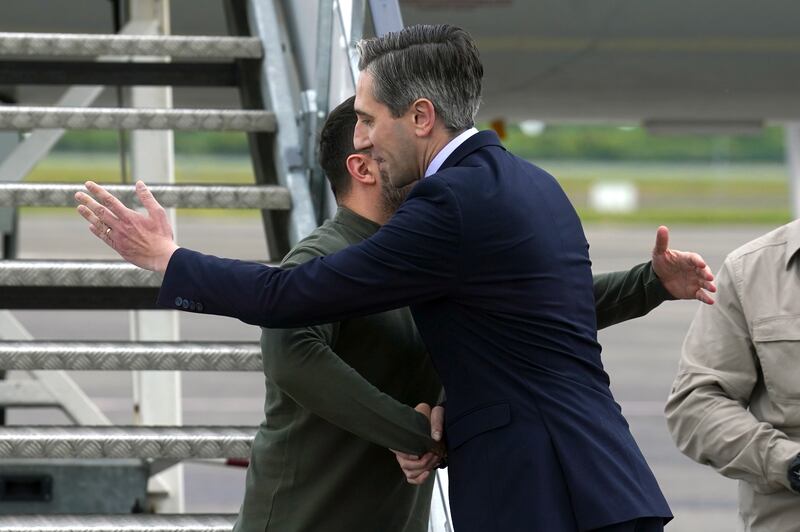 Taoiseach Simon Harris and Ukrainian president Volodymyr Zelenskiy at Shannon Airport, Co Clare. Photograph: Brian Lawless/PA