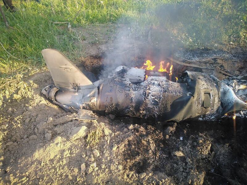 Fragments of a Russian rocket shot down by Ukraine’s air defence system are seen after a night rocket attack in the Kyiv region. Photograph: Ukrainian Police Press Office/AP