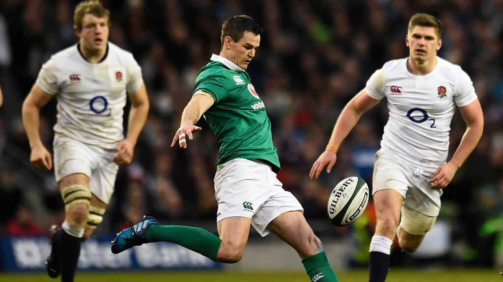 Johnny Sexton: managed to stay on the pitch despite all of England’s efforts to put him in the treatment room. Photograph: Clodagh Kilcoyne/Reuters