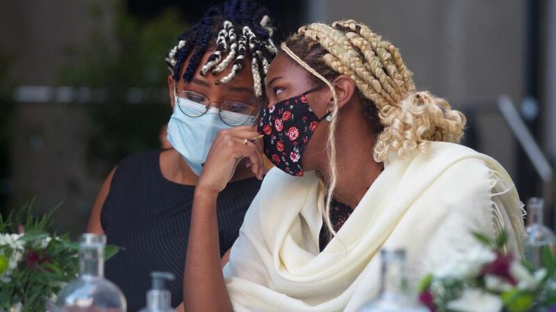 Debate finalists Rí Anumudu (left) and Chikemka Abuchi-Ogbonda (both Maynooth University) at The Irish Times Debate Final. Photograph: John Ohle Photography