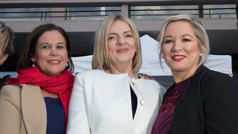 McDonald with Sinn Féin’s presidential candidate Liadh Ní Riada and deputy leader Michelle O’Neill at Dublin Castle. Photograph: Tom Honan