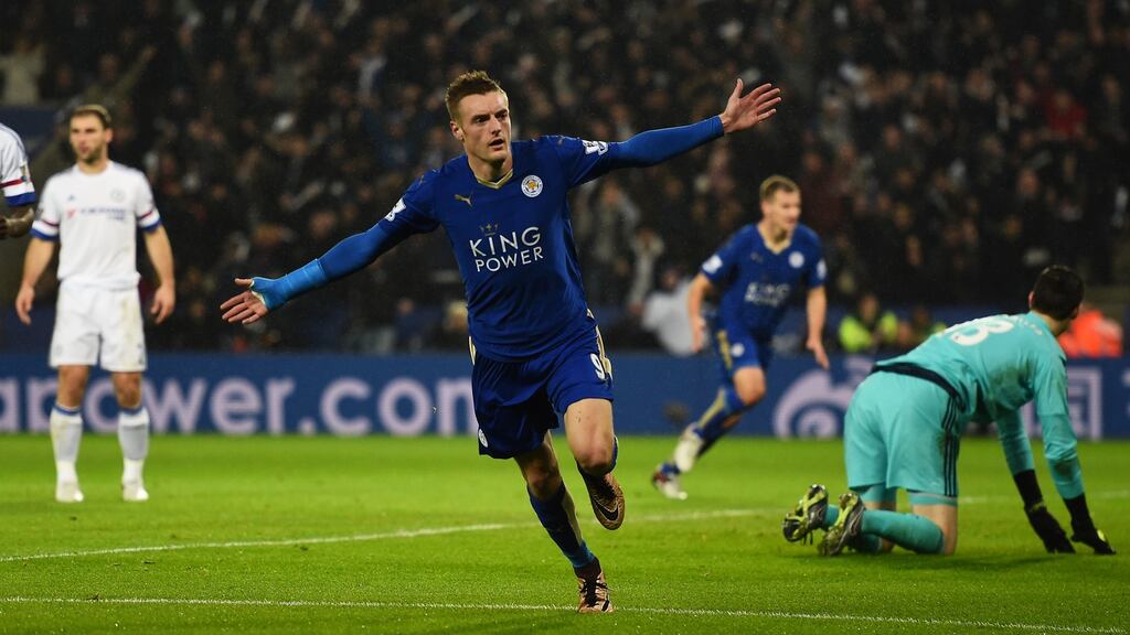 Leicester’s Jamie Vardy celebrates scoring against Chelsea in their Premier League clash. Photo: Laurence Griffiths/Getty Images