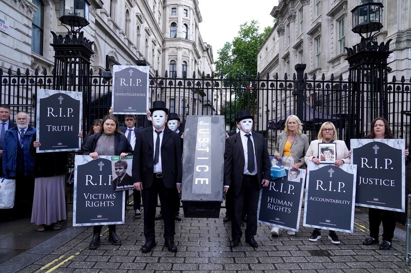 Representatives from Relatives for Justice, whose loved ones were murdered during the Troubles, protest outside Downing Street, last year. Photograph: Stefan Rousseau/PA Wire