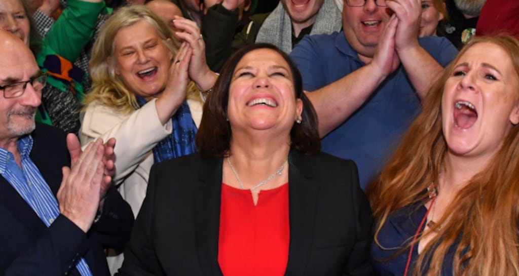 Sinn Féin party leader Mary Lou McDonald celebrates with her supporters after she takes the Dublin Central constituency on the first count Ben Stansall/AFP