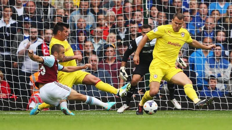 Joe Cole of West Ham United scores the opening goal against Cardiff City at Boleyn Ground. Photograph: Warren Little/Getty Images