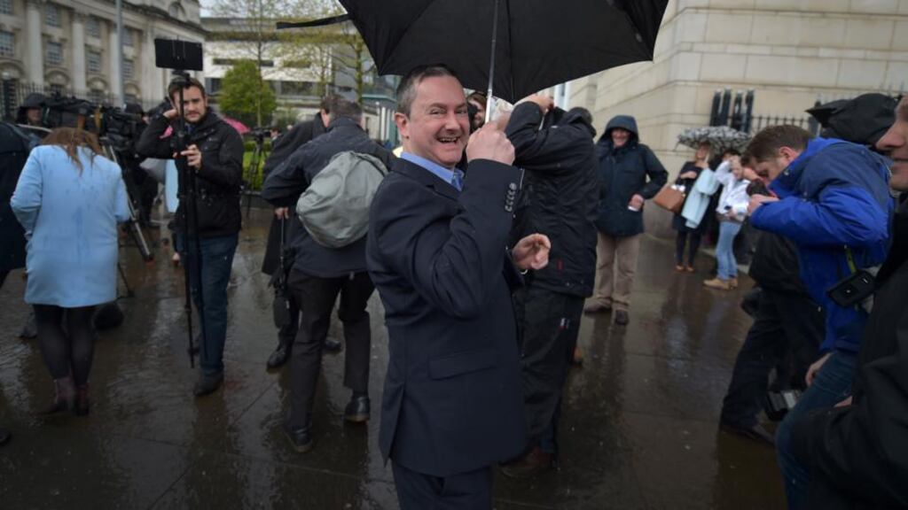Gareth Lee, a gay rights activist, after leaving Laganside Courts after a judge ruled in his favour and against the Christian-run bakery Ashers. Photograph: Getty Images