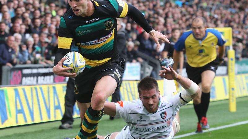 Dominic Ryan of Leicester is injured as he tries to tackle George North during the Aviva Premiership match against Northampton Saints at Franklin’s Gardens on September 9th, 2017. Photograph: David Rogers/Getty Images