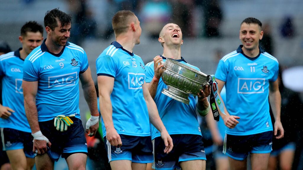 Dublin players celebrate another Leinster title – the county’s ninth success in ten years.   Photograph: Ryan Byrne/Inpho