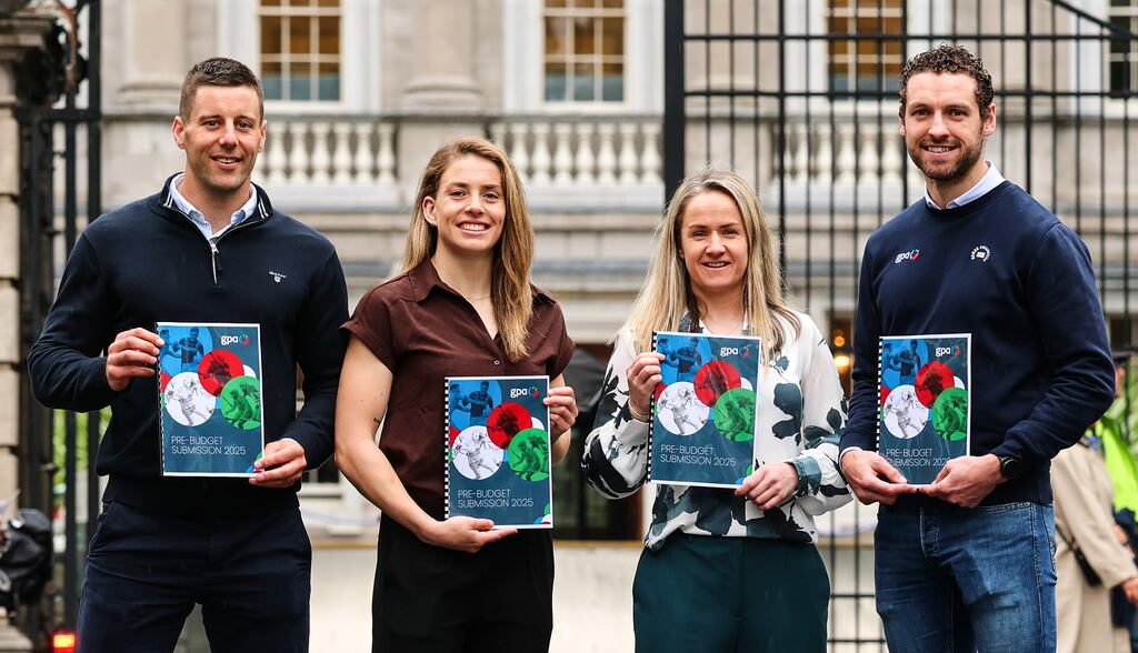 Limerick hurler Dan Morrissey (left) with Aisling Maher, Gemma Begley and Tom Parsons of the GPA at the GPA's pre-budget submission publication. Photograph: Bryan Keane/Inpho