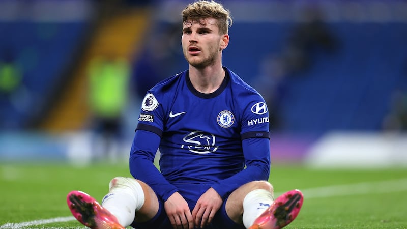 Timo Werner endured a frustrating night despite Chelsea’s win over Leicester. Photograph: Catherine Ivill/Getty