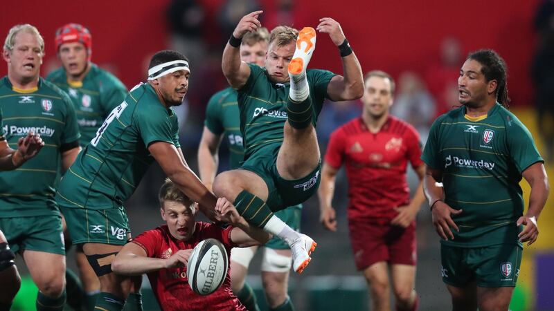 London Irish’s Jack O’Sullivan clears out during a pre-season friendly against Munster at Irish Independent Park in Cork, in August 2018. Photograph: Billy Stickland/Inpho
