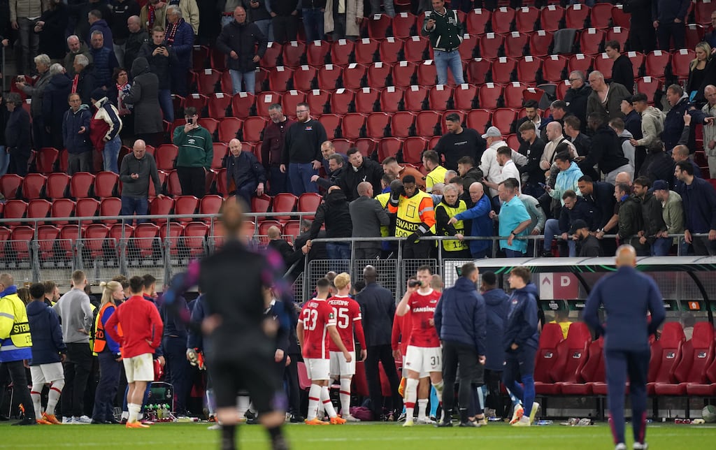 AZ Alkmaar supporters confronted relatives of West Ham players after the Europa Conference League semi-final on Thursday night. Photograph: Adam Davy/PA