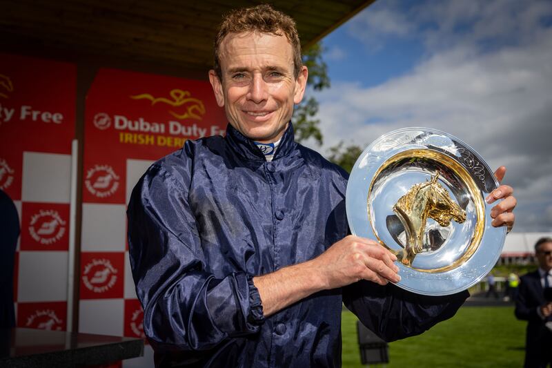 Ryan Moore after completing his Irish Derby hat-trick. Photograph: Morgan Treacy/Inpho