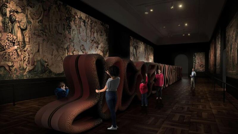 Transmission by Ross Lovegrove is a 21.3 meters-long fluid sculpture of folded material at V&A’s tapestry room