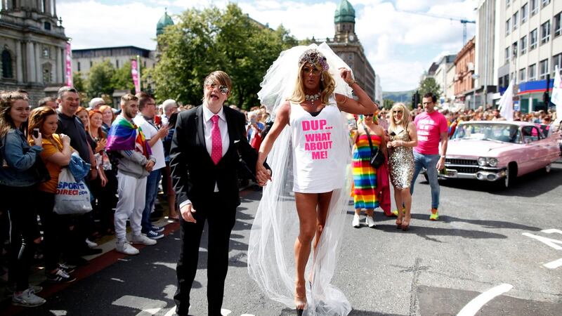 Belfast Pride: DUP . . . What About Me! Photograph: Peter Morrison/PA