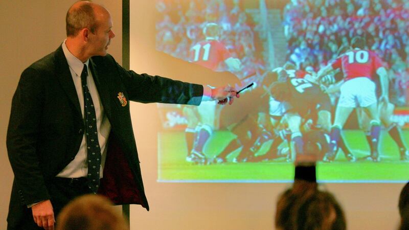 Lions coach Clive Woodward shows journalists a frame-by-frame breakdown of the 2005 spear tackle on Brian O'Driscoll by New Zealand's Tana Umaga and Keven Mealamu. Photograph: Getty Images