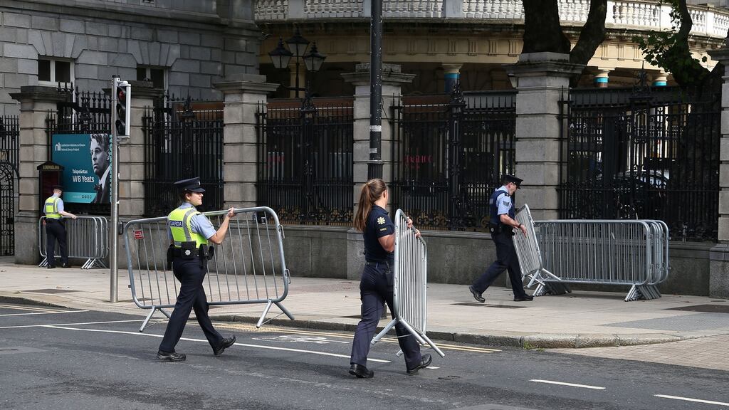 The scene earlier this week  ahead of a planned protest. A detective sergeant has been appointed to investigate the assault on a veteran LGBT+ campaigner, who was attacked during an anti-mask protest outside the Dáil last Saturday. Photograph: Nick Bradshaw