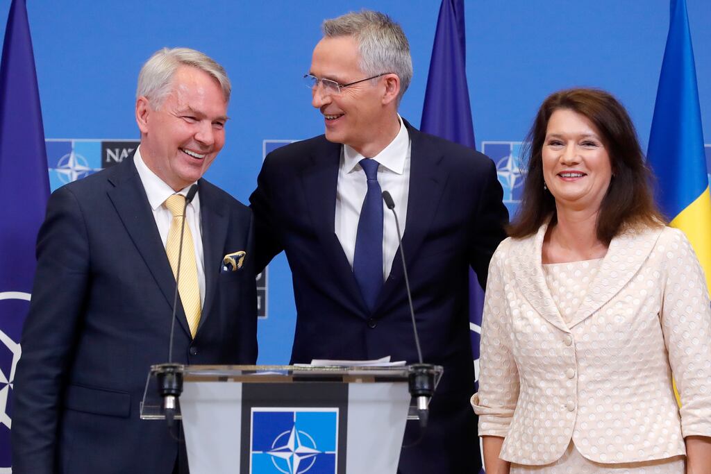 Nato secretary general Jens Stoltenberg (centre), Finland's minister of foreign affairs Pekka Haavisto and Sweden's minister of foreign affairs Ann Linde after the signing by Finland and Sweden of Nato accession protocols at Nato headquarters in Brussels, Belgium, on July 5th, 2022. Photograph: EPA