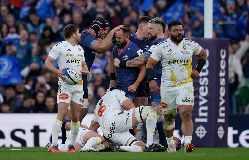 Leinster's Jamison Gibson-Park (centre) is congratulated by Caelan Doris during Leinster's recent victory over La Rochelle. Photograph: Niall Carson/PA Wire