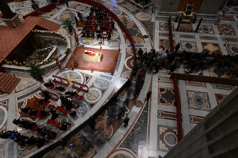 The body of Pope Emeritus Benedict XVI lies in state at St Peter's Basilica in the Vatican, on January 3rd, 2023. Photograph: Filippo Monteforte/AFP/Getty