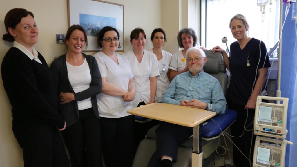 Tom Kenny during one of his chemo sessions in UCHG with nurses Sheila Hurley, Nicola Crowe, Claire Davey, Annmarie Bohan, Niamh Morrisey, Ann Wilson and Christina Farrell. Photograph: Karen Golden